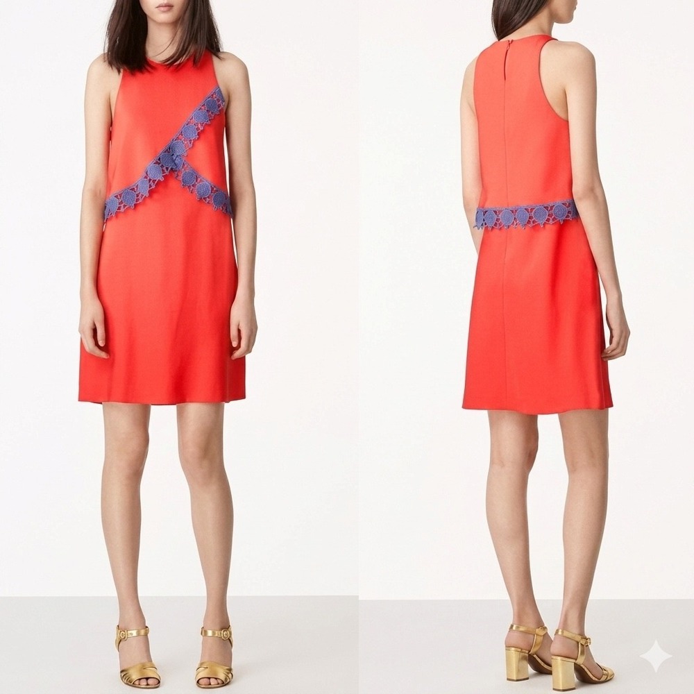 Tory Burch Amanda Silk‎ Shift Dress 2 Crochet Trim Lace Mini Luxe Casual Bright
